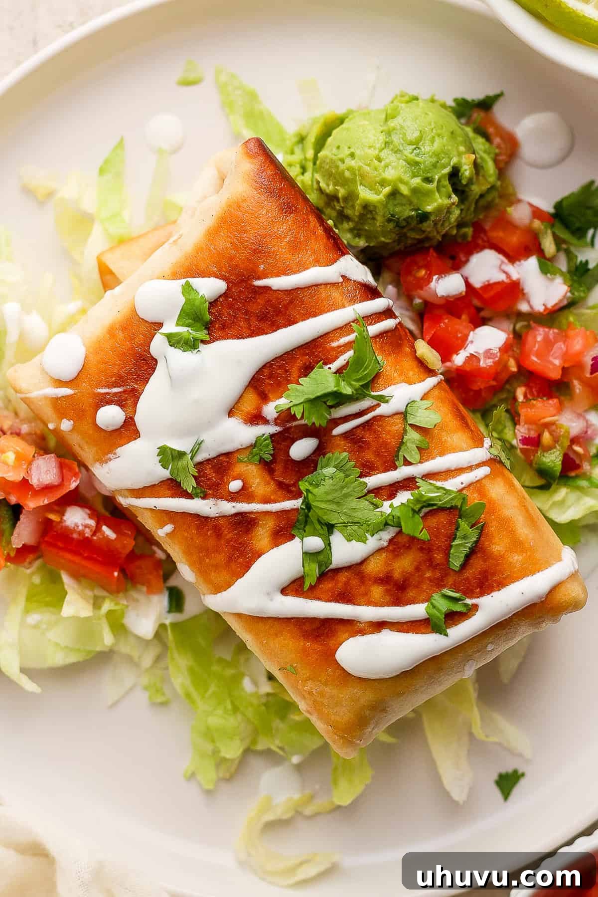 Golden Fried Delights 8 A plate of two perfectly cooked chimichangas filled with shredded chicken, beans, and cheese, beautifully garnished with a drizzle of Mexican crema, fresh cilantro, and served alongside vibrant pico de gallo and creamy guacamole.