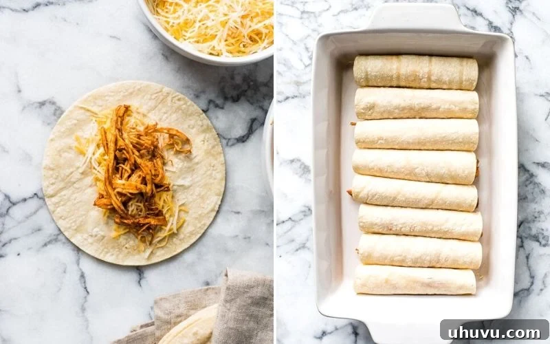 Effortless Chicken Enchiladas 4 Step-by-step process of assembling chicken enchiladas, showing filling and rolling tortillas.