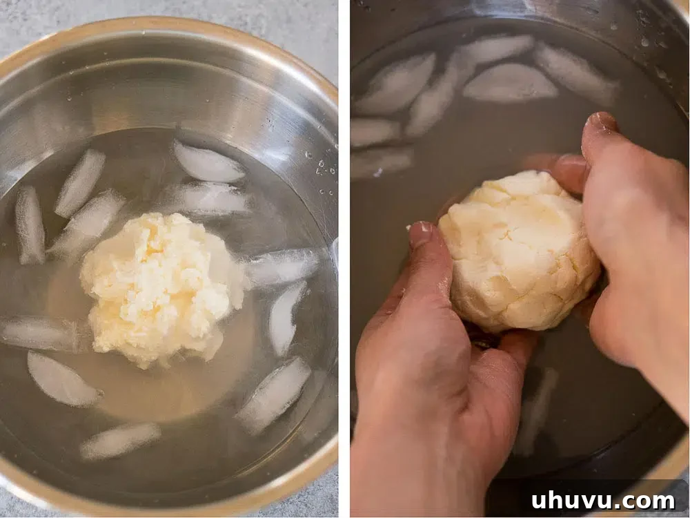 Washing homemade butter in ice cold water