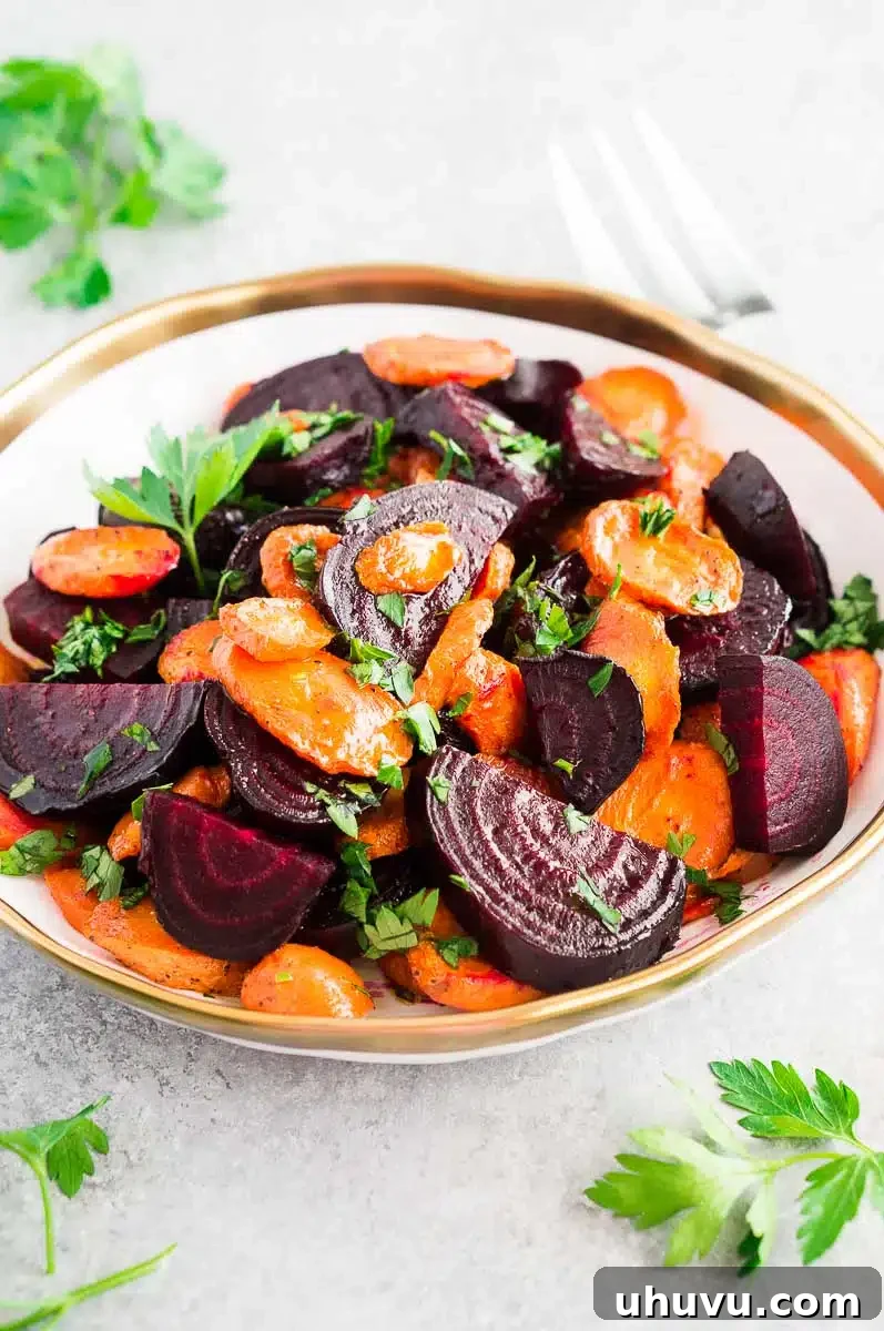 Honey Glazed Root Medley 5 carrots and beets roasted and served in a bowl