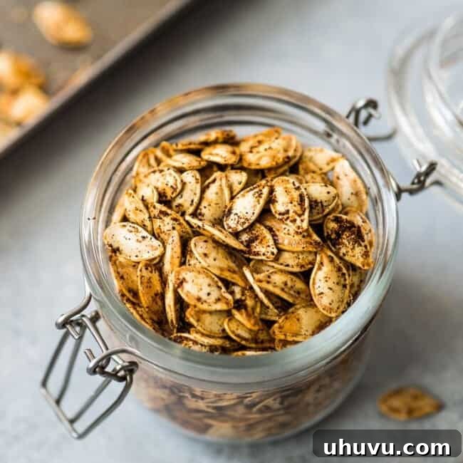 Crispy Roasted Pumpkin Seeds Made Easy 8 An image of roasted pumpkin seeds, served in a bowl, with a focus on their crispy texture.