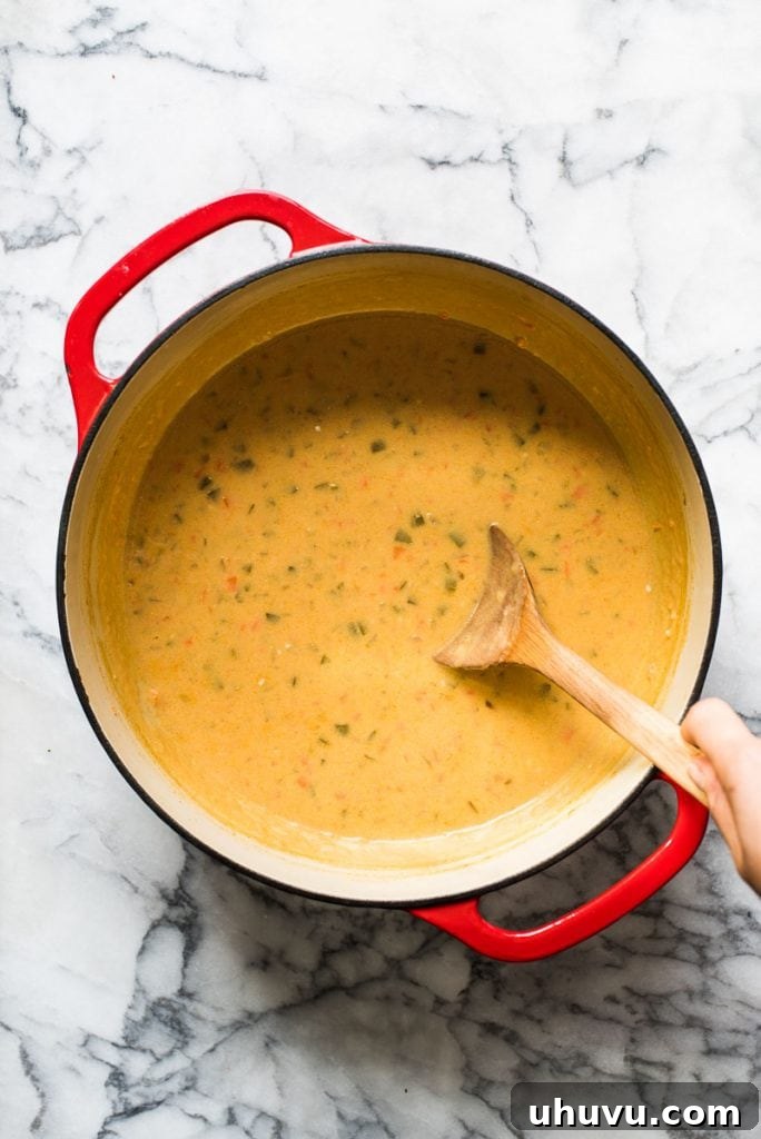 Golden Ale and Sharp Cheddar Bisque 6 The finished beer cheese soup, velvety smooth and ready to serve.