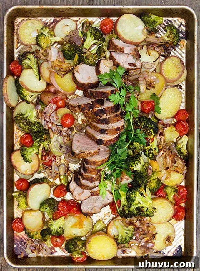 Effortless Eats: Healthy Sheet Pan Dinners 11 Spice Crusted Pork with vegetables on a sheet pan, bursting with flavor