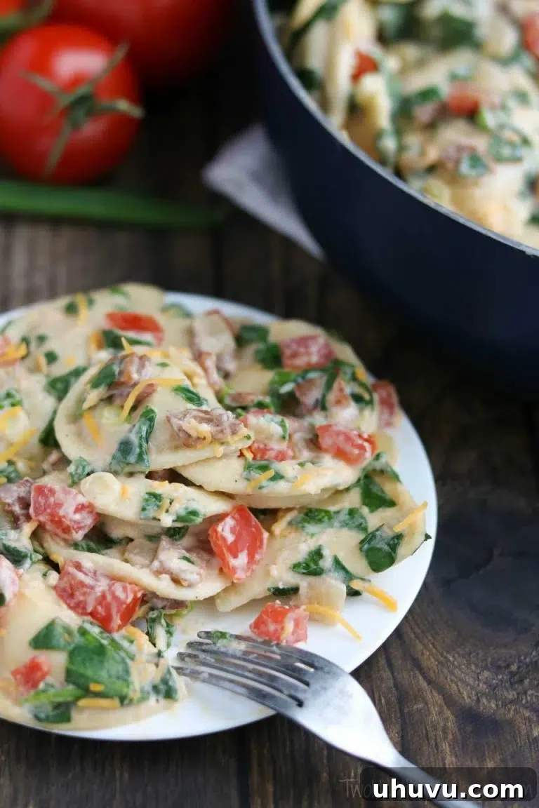 Cheesy BLT Pierogi Skillet Dinner, a unique and comforting one-pan meal.
