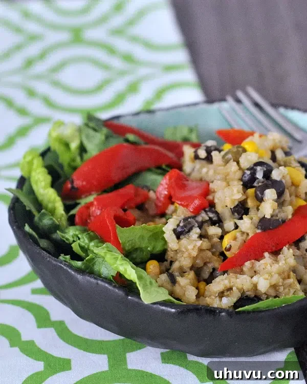 One Skillet Veggie Bean Burrito Bowls, a plant-based and filling meal.