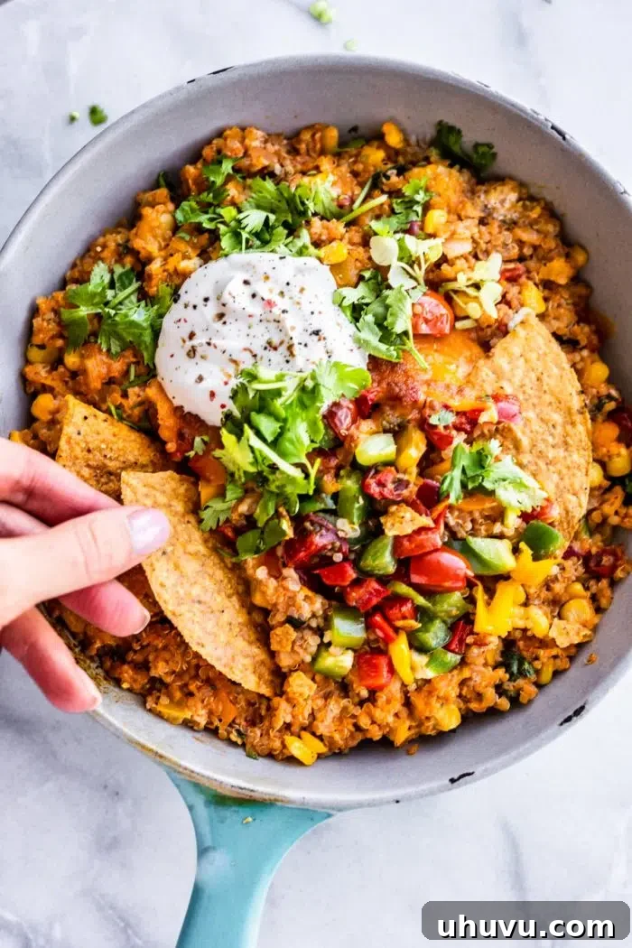 Mexican Quinoa Skillet Dinner, a superfood packed vegetarian option.
