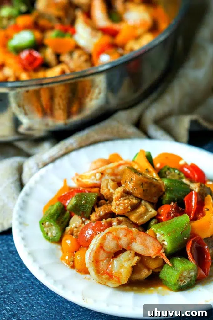 Cajun Stir Fry Skillet recipe, a spicy seafood and vegetable medley.