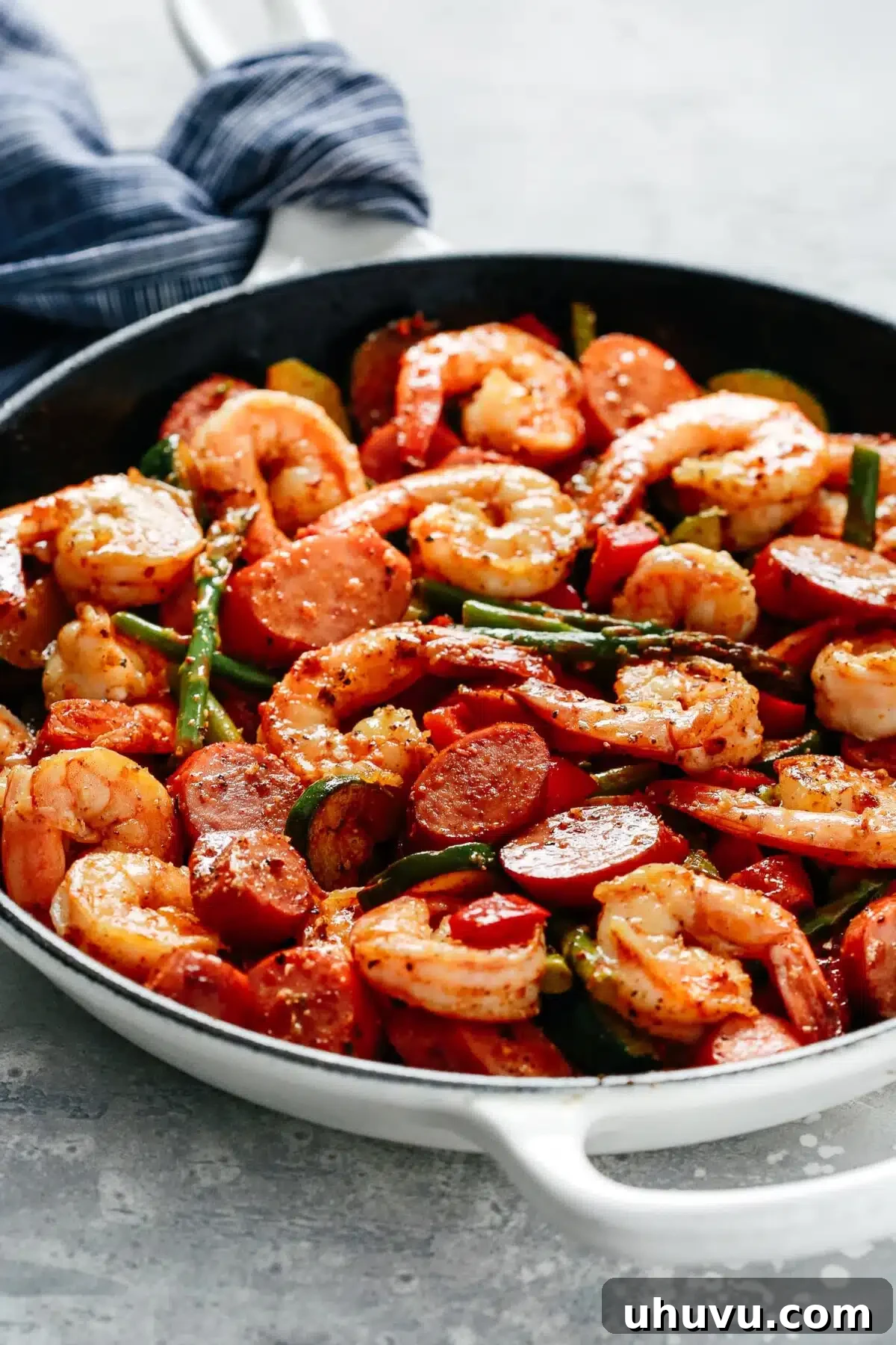 Shrimp and Sausage Vegetable Skillet, a flavorful and easy seafood meal.