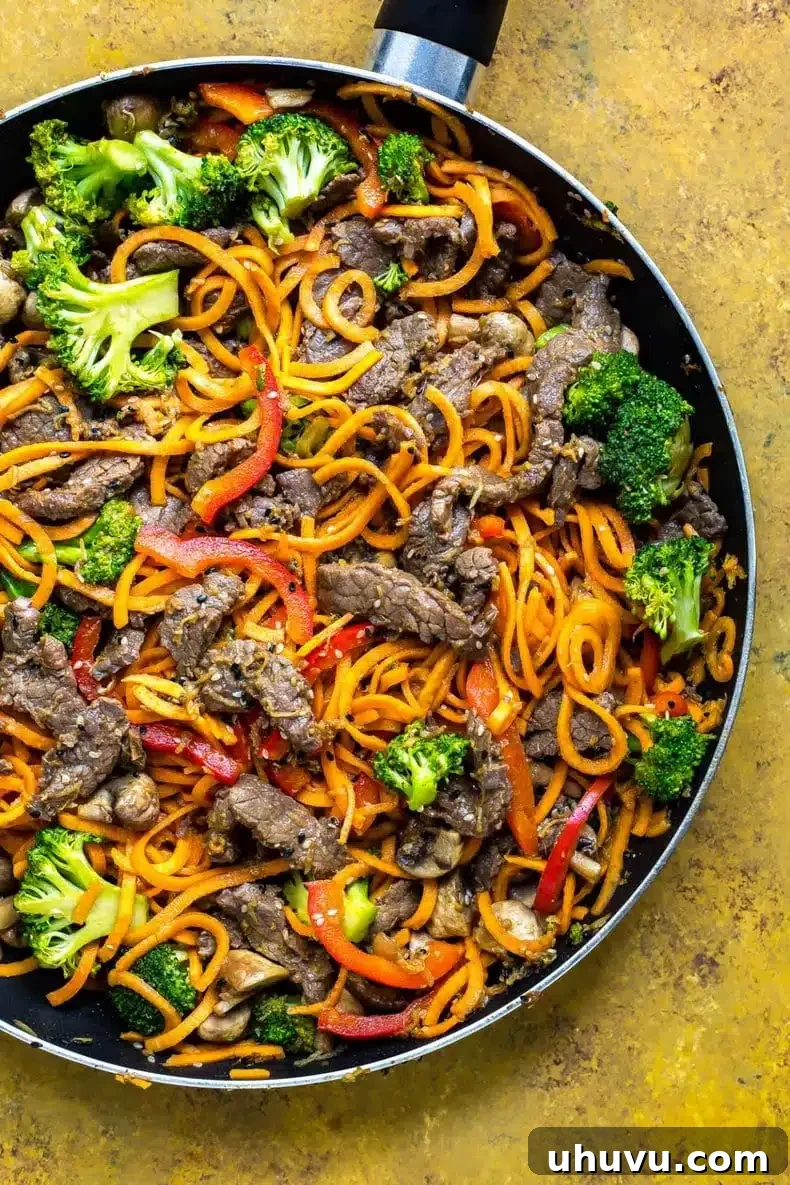 Skillet Beef with Sweet Potato Noodles, a healthy and flavorful one-pan meal.