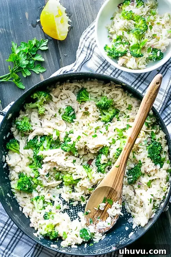 One-pan Chicken, Broccoli, and Rice Skillet, a complete meal.