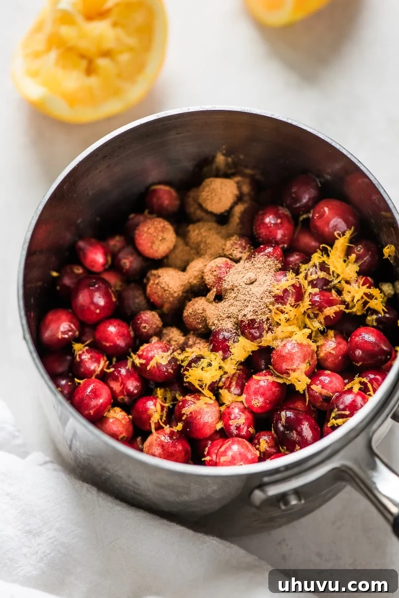 Fresh cranberries, orange zest, orange juice, honey, and spices in a pot, ready to cook.