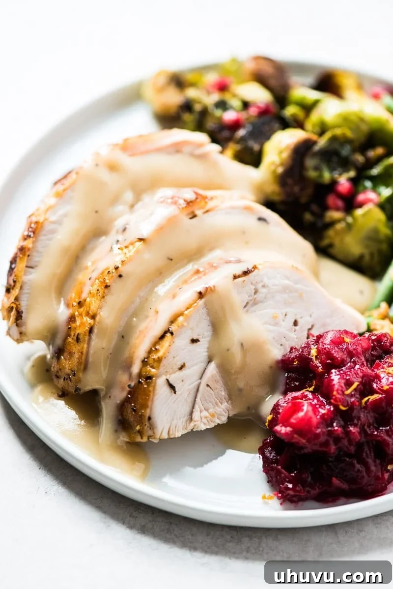 A Thanksgiving dinner plate featuring a serving of homemade cranberry sauce, alongside turkey and stuffing.