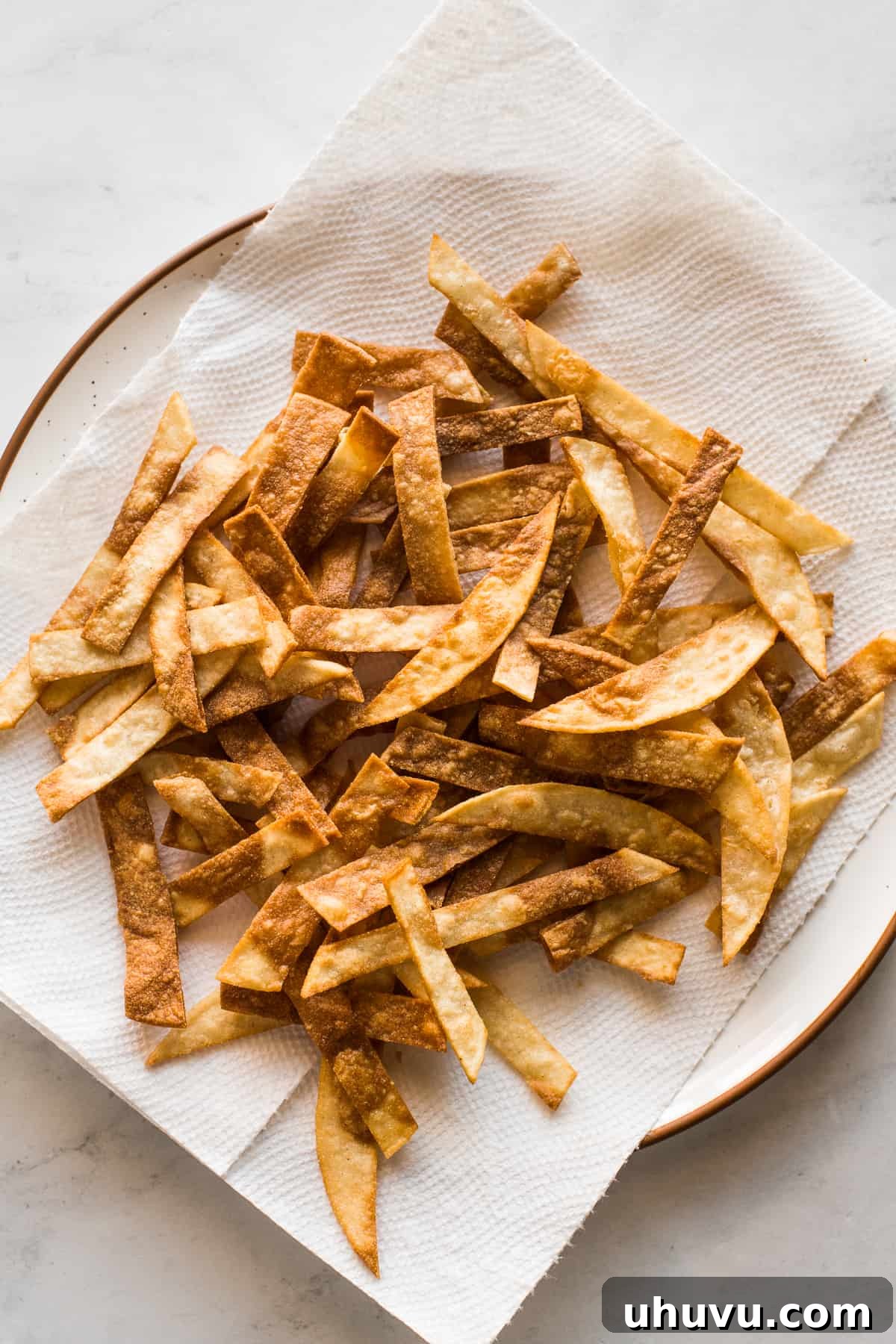 Fiesta Chicken Tortilla Soup 5 Fried tortilla strips on a plate for topping chicken tortilla soup.