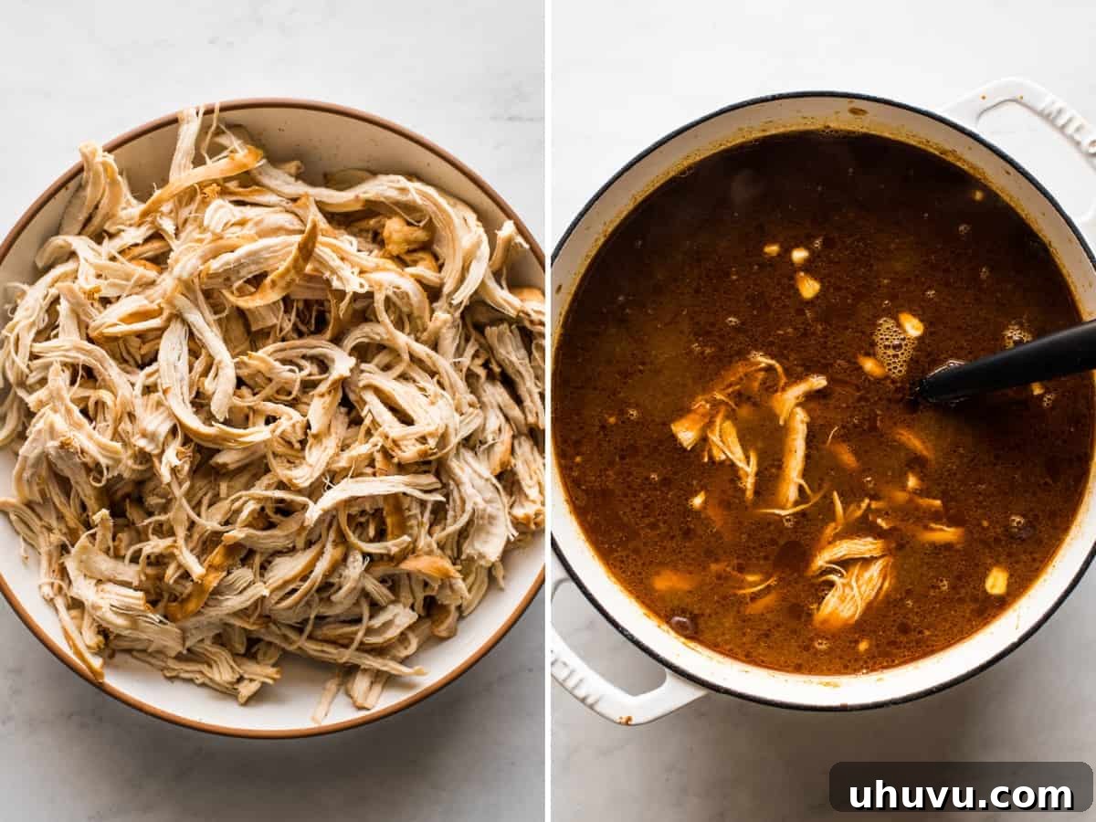 Fiesta Chicken Tortilla Soup 6 Shredded chicken on a plate and being mixed into a Dutch oven full of chicken tortilla soup.