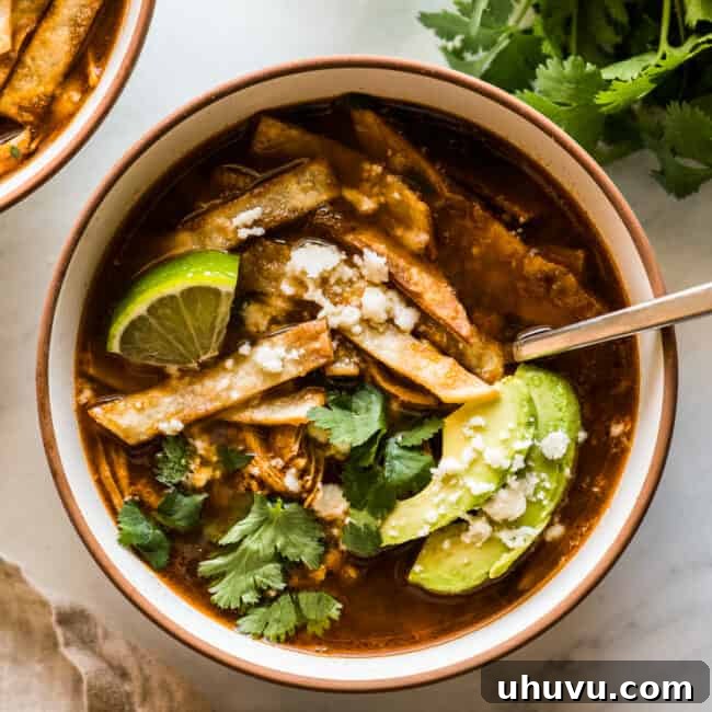 Fiesta Chicken Tortilla Soup 8 Chicken tortilla soup in a bowl topped with tortilla strips, cilantro, avocado, and queso fresco.