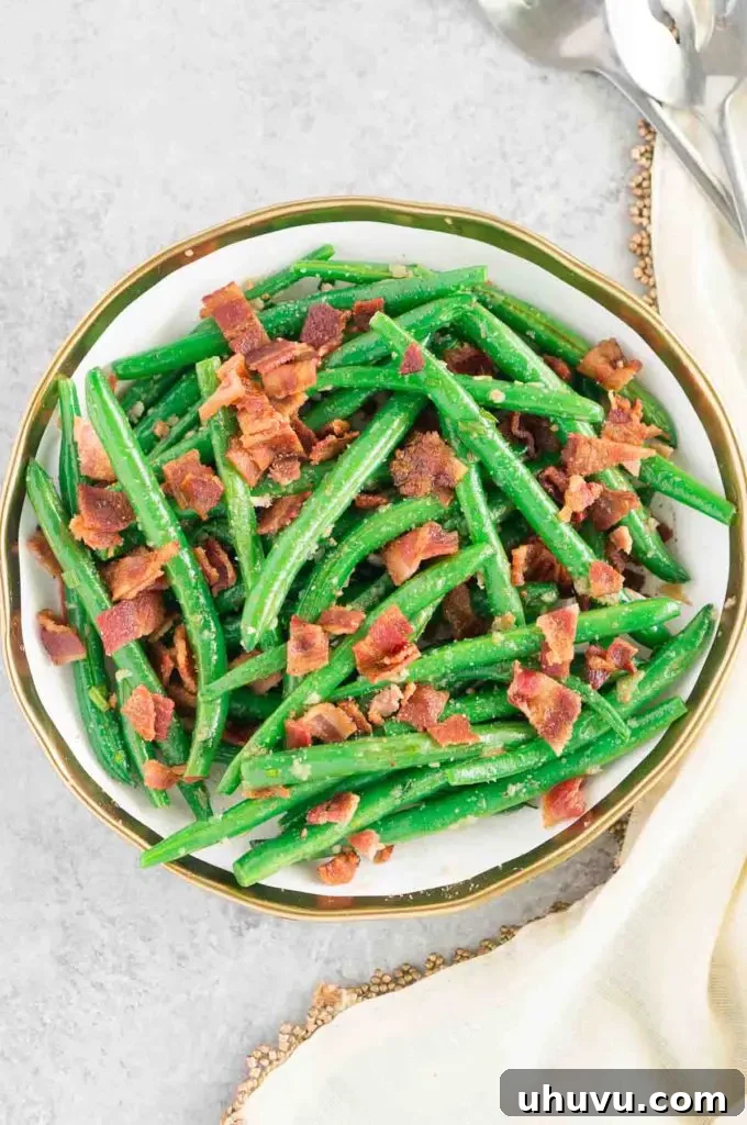 Green beans and bacon on a rustic plate, ready to serve