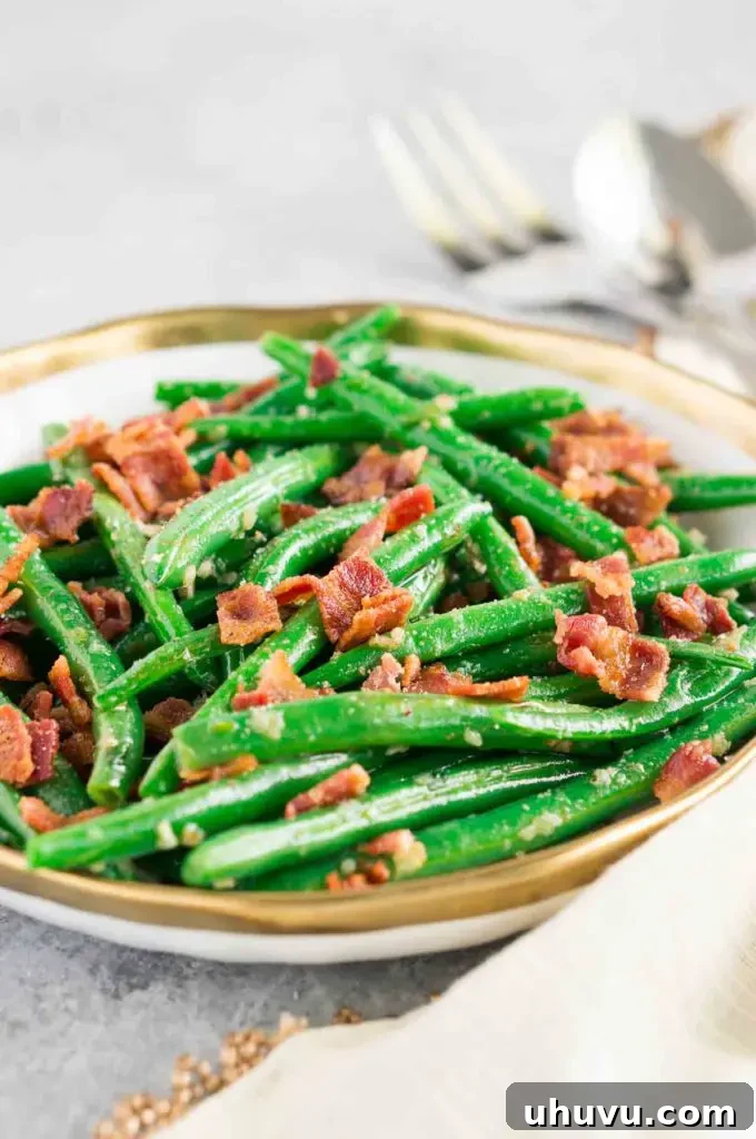 Garlic green beans with bacon ready to be served from a bowl