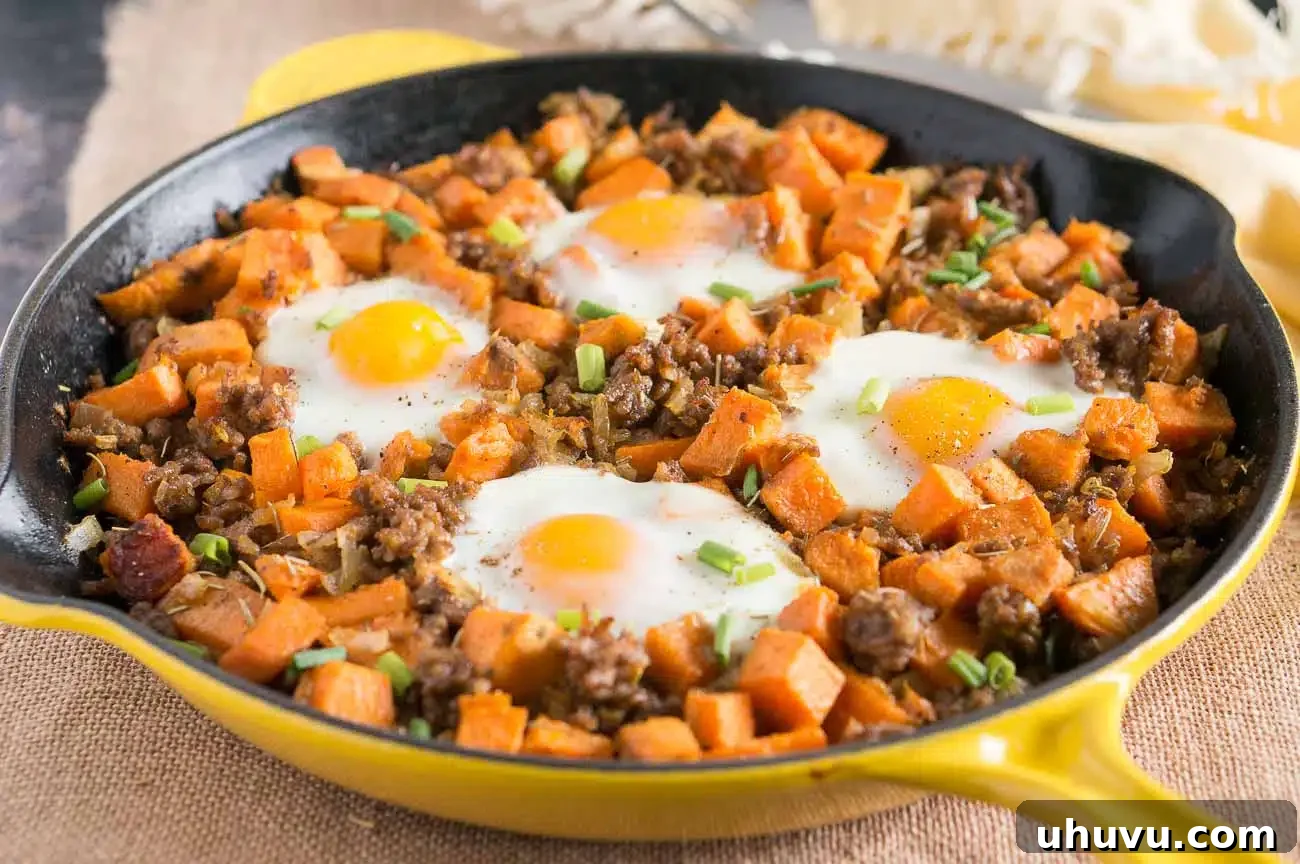 A wide shot of the Sweet Potato Hash recipe ready to be served