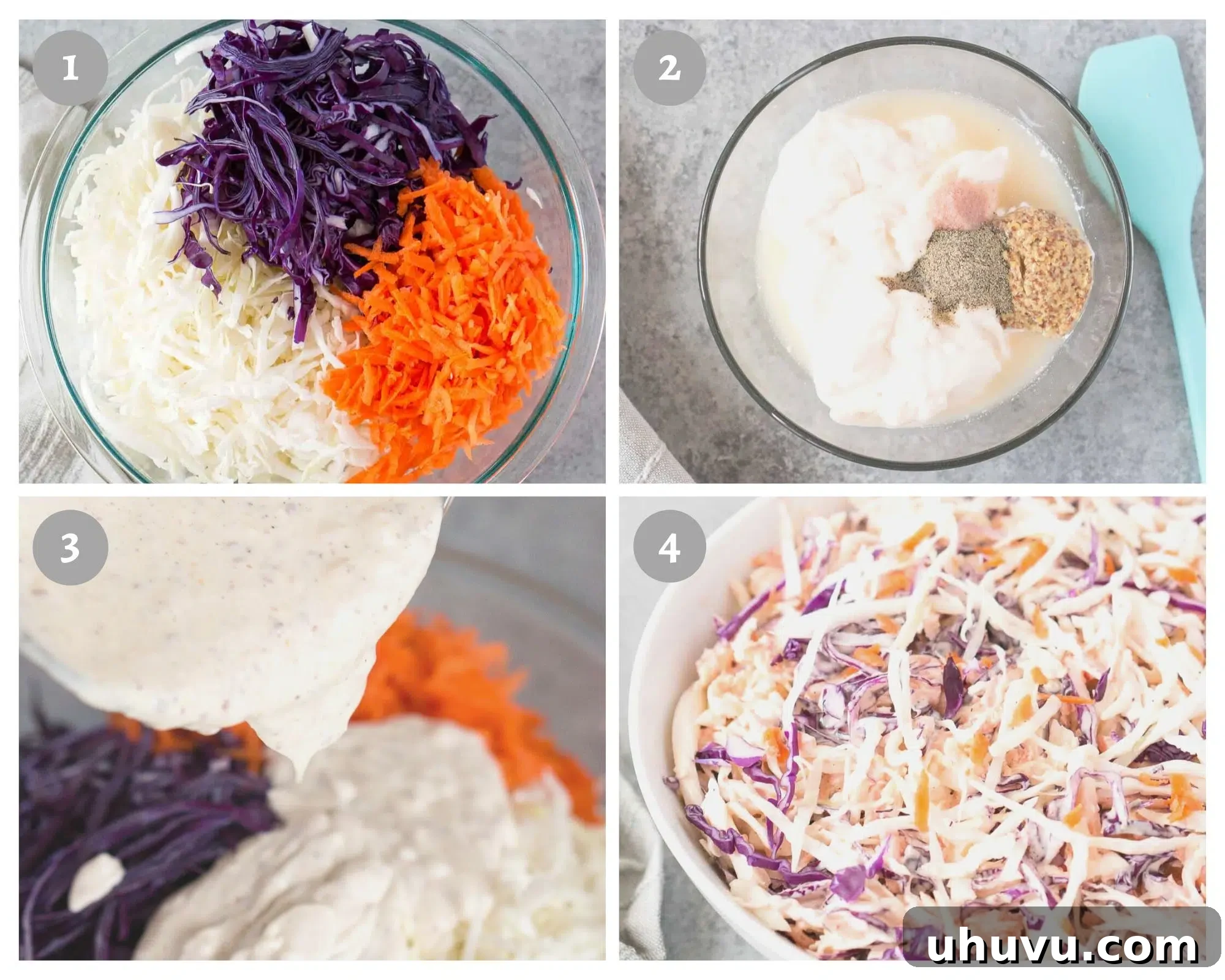 Step-by-step process shots for making homemade creamy coleslaw, showing ingredients being mixed