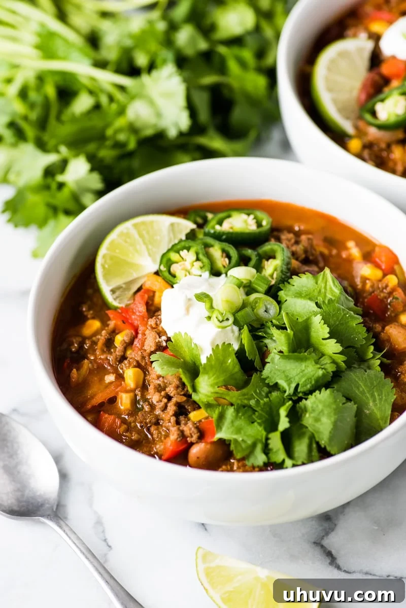 Guilt-Free Mexican Favorites 17 Taco Soup Recipe - All the flavors of tacos in a comforting, gluten-free soup.