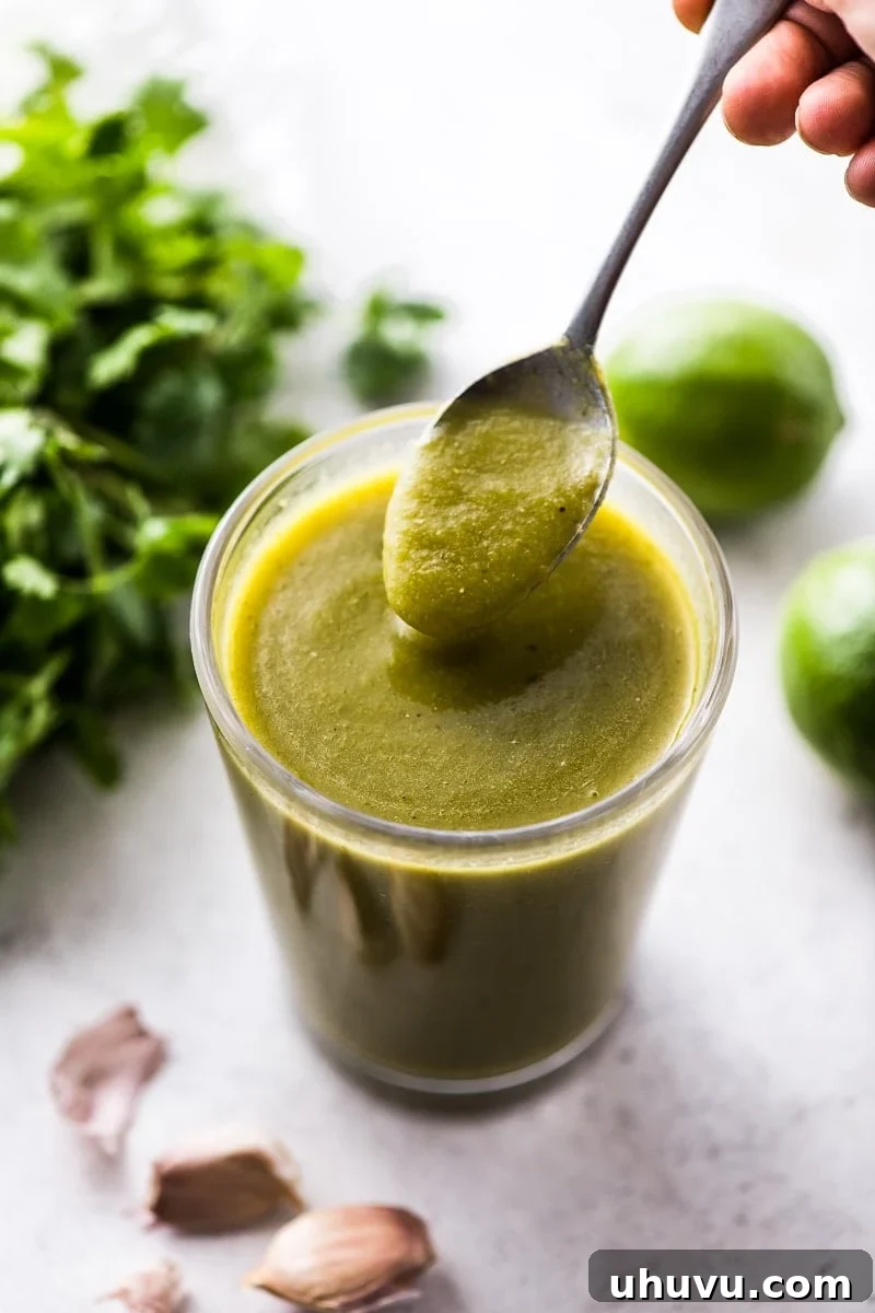 Guilt-Free Mexican Favorites 23 Green Enchilada Sauce - Homemade sauce with roasted green chiles, onions, and garlic.