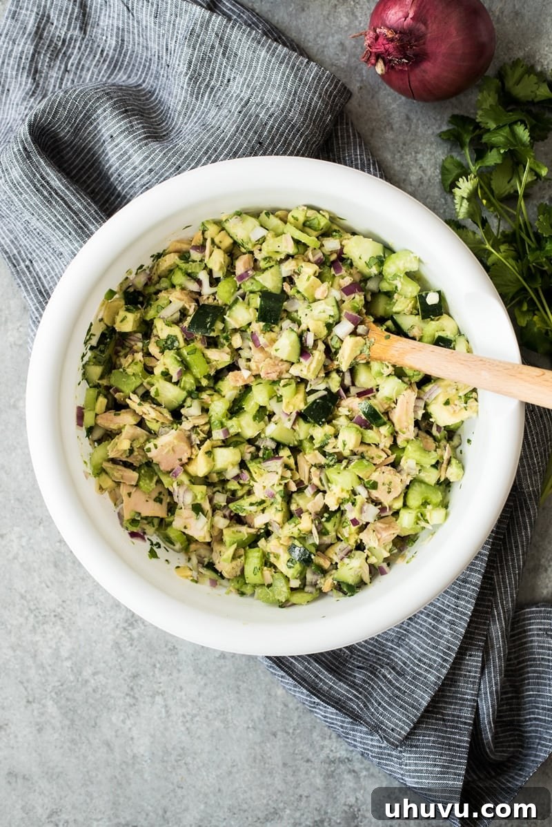 Guilt-Free Mexican Favorites 26 Avocado Tuna Salad - A healthy, mayo-free tuna salad with avocado and Mexican flavors.