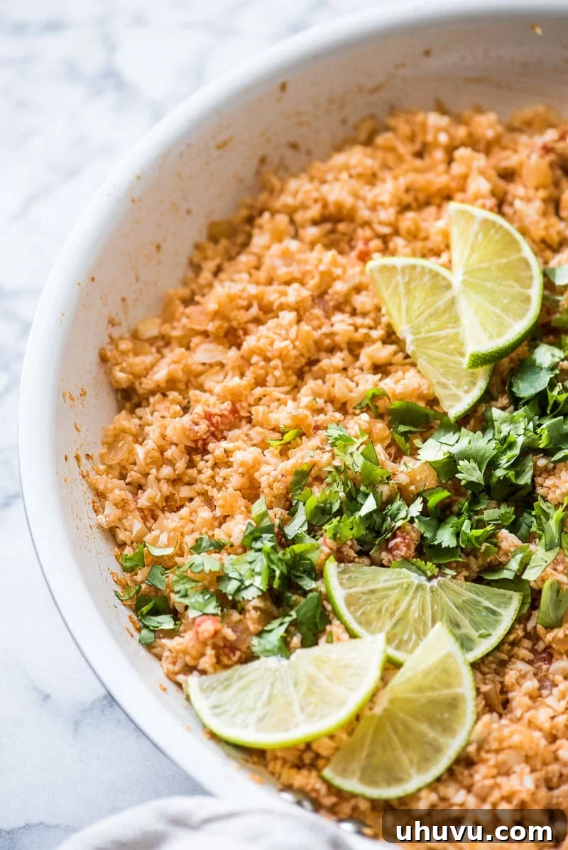 Guilt-Free Mexican Favorites 7 Mexican Cauliflower Rice - A low-carb, healthy alternative to traditional rice, seasoned with Mexican spices.