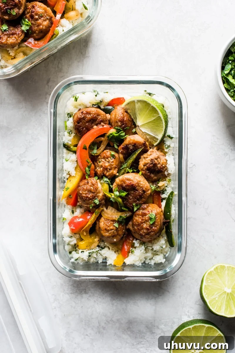 Wholesome Turkey Fajita Rice Bowl 8 A perfectly portioned healthy turkey fajita rice bowl in a meal prep container, ready to be stored or enjoyed. (low carb, gluten free, paleo)