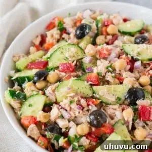Fresh Mediterranean Tuna Salad with olives, tomatoes, and cucumbers.