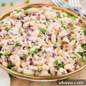 Fresh Tuna White Bean Salad in a bowl, a healthy and quick meal option.