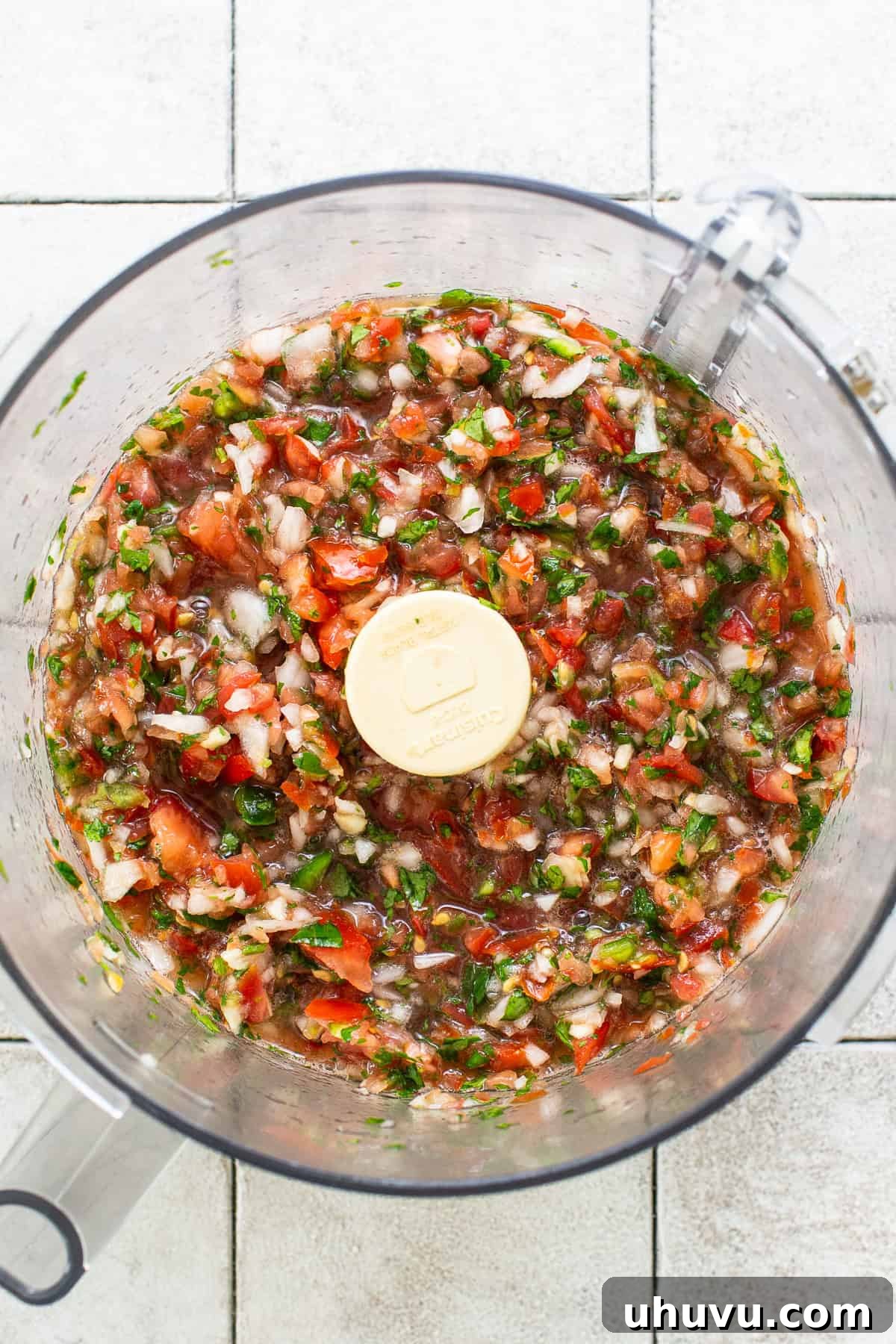 Salsa Bliss from Your Kitchen 5 Perfectly pulsed homemade salsa, showcasing a chunky yet cohesive texture, rests in the food processor bowl, indicating it's ready to be served or seasoned further.