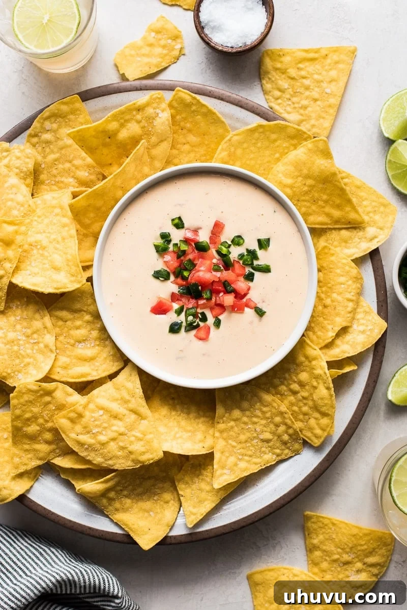 Quick Creamy Queso 2 A large bowl of creamy homemade queso dip, surrounded by a generous pile of crispy tortilla chips, ready for dipping.