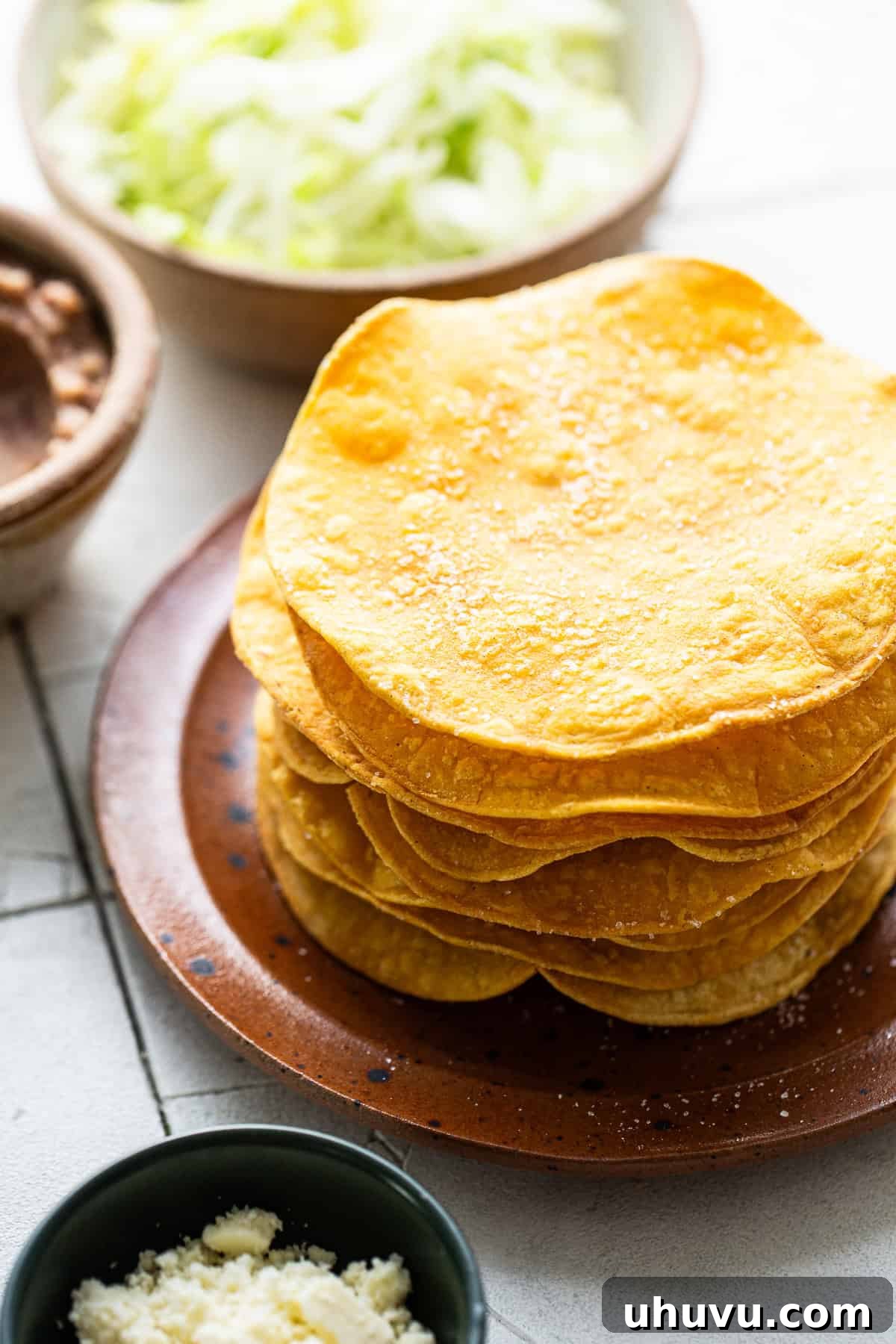 Golden Tostada Crisps 6 Perfectly golden and crispy tostada shells arranged on a plate, ready to be adorned with delicious toppings and enjoyed.