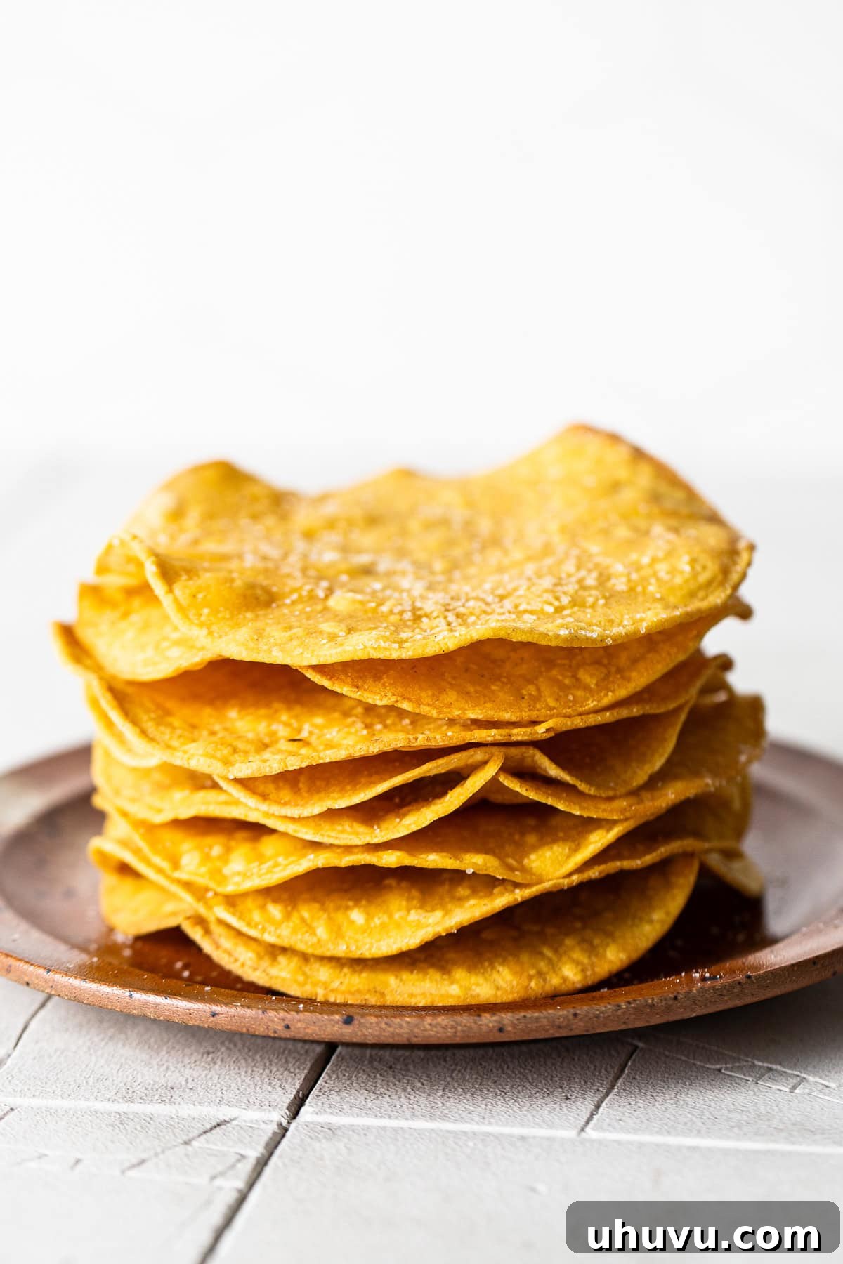 Homemade tostada shells on a plate ready to be served.