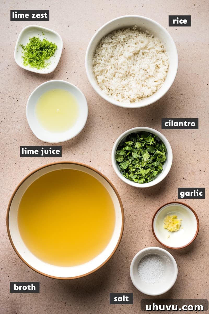 Cilantro Lime Rice Perfection 3 Ingredients for Cilantro Lime Rice laid out on a wooden table.