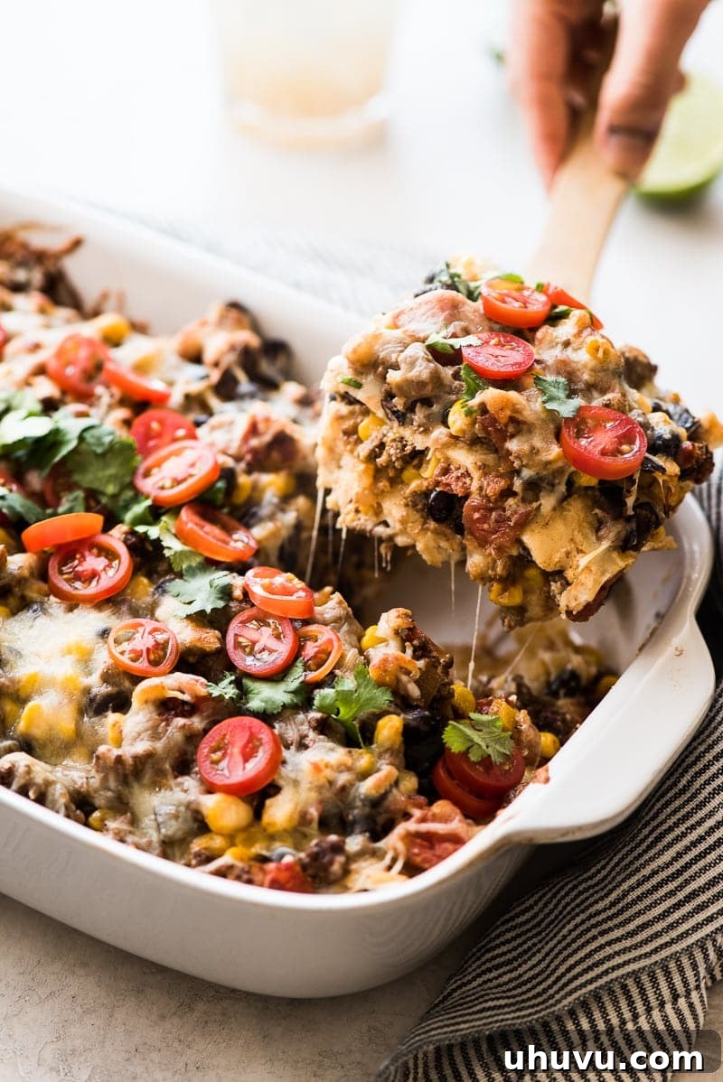 Effortless Taco Delight 2 This Easy Taco Casserole (also known as Taco Lasagna) is made with 3 layers of corn tortillas, ground beef, corn, black beans, the best taco seasoning and lots of melted cheese!