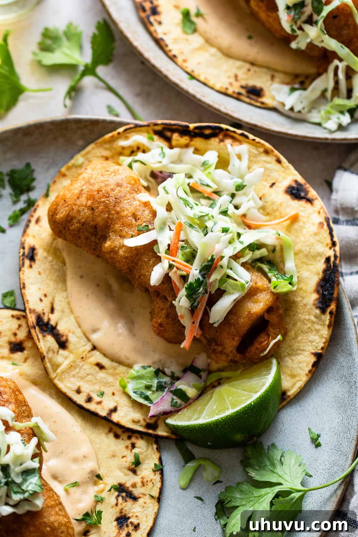 Golden Crispy Baja Fish Tacos 11 A mouth-watering Baja fish taco, perfectly assembled with crispy fried fish, chipotle mayo, and fresh cabbage slaw on a warm tortilla.