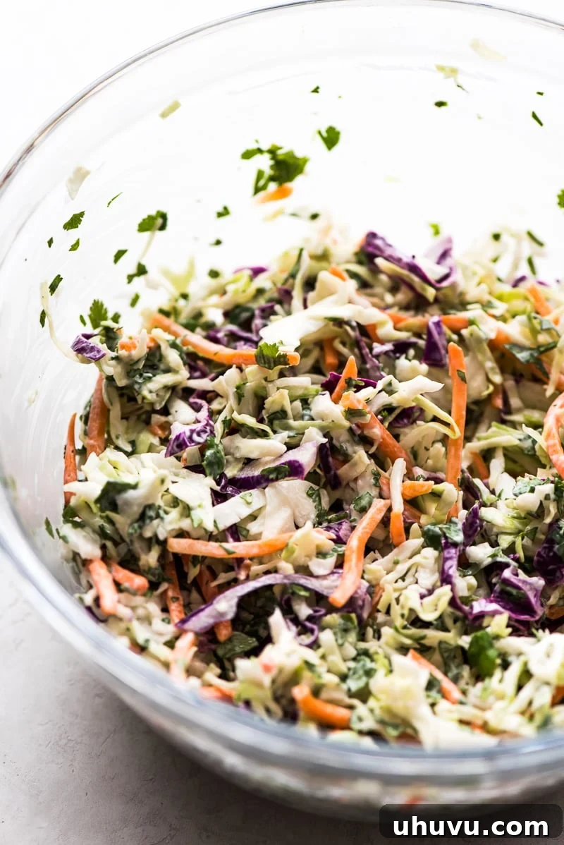 Golden Crispy Baja Fish Tacos 4 A creamy cabbage slaw made with green and red cabbage, carrots and cilantro covered in mayo and lime juice for a Baja Fish Tacos recipe.