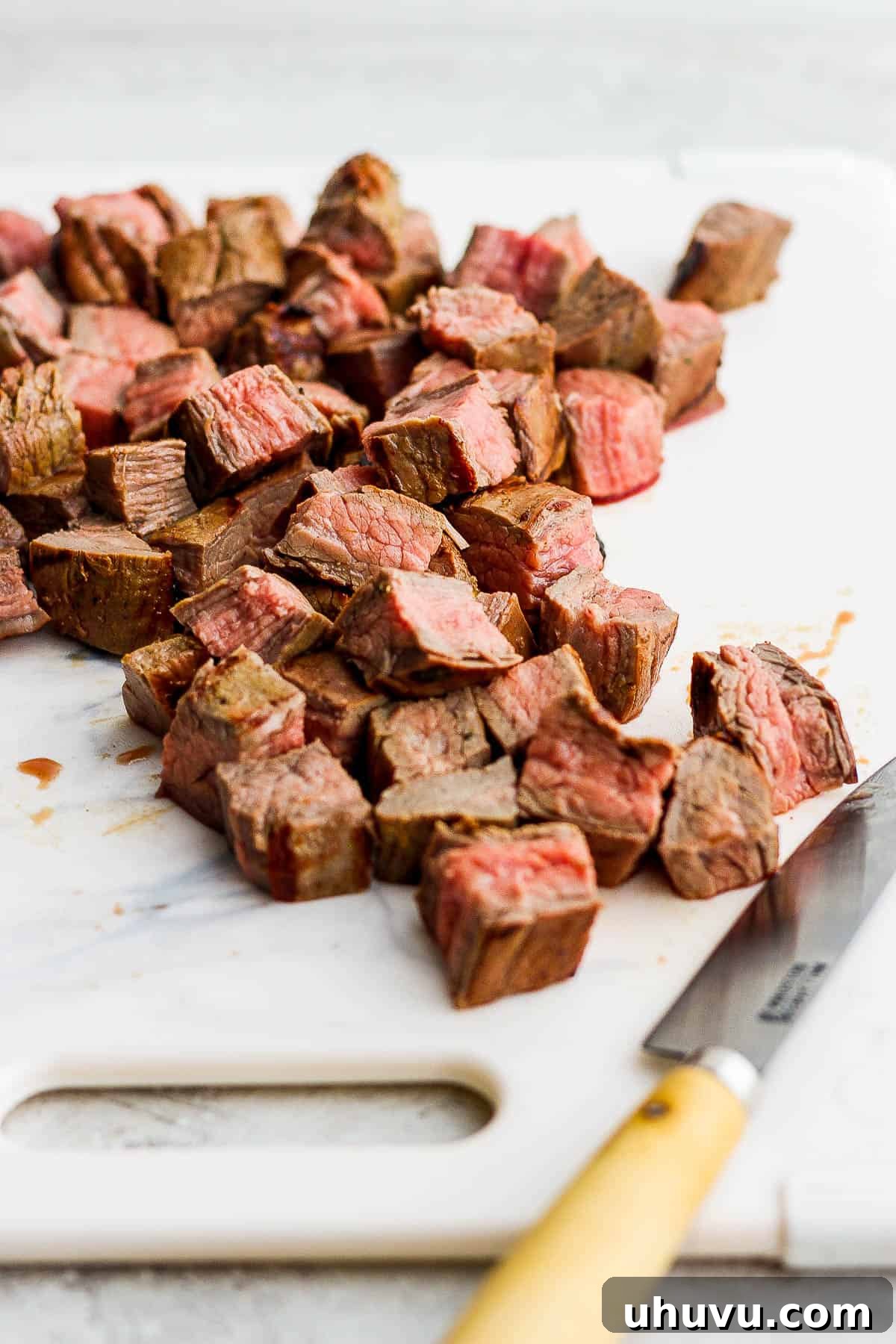 Carne asada cooked and sliced into small bite sixed pieces. 