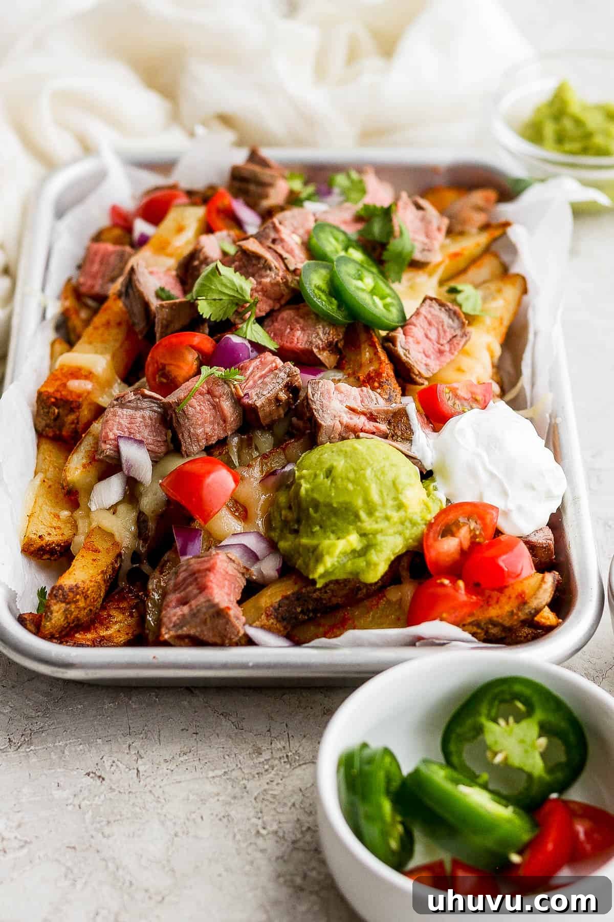 Carne asada fries plated with all the toppings and ready to eat