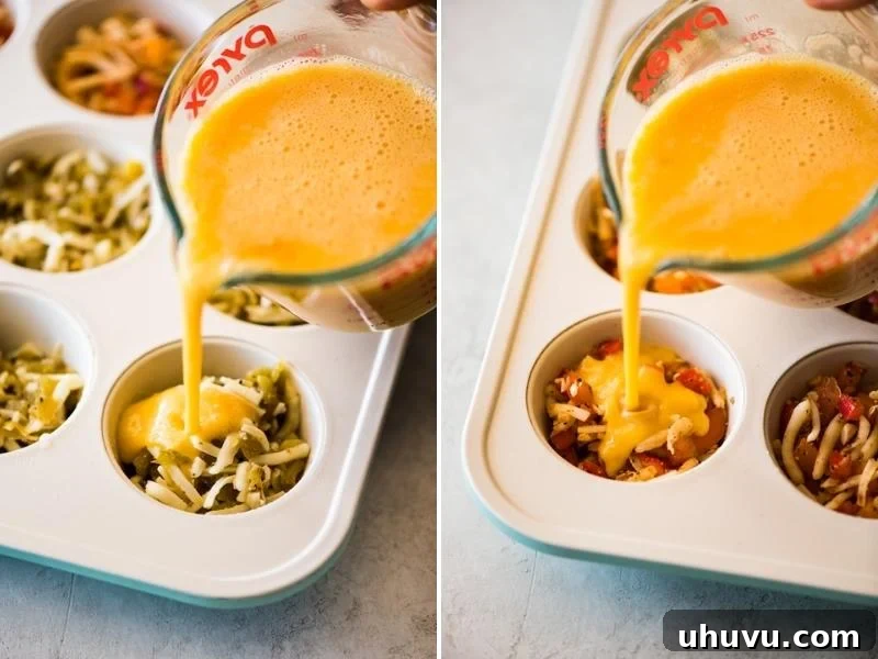 Effortless Breakfast Egg Cups: Three Delicious Variations 3 Whisked eggs being poured into a muffin tin, ready to be baked into delicious breakfast egg cups.