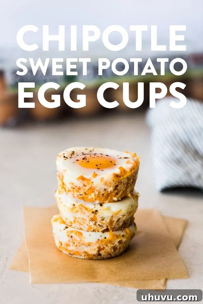 Effortless Breakfast Egg Cups: Three Delicious Variations 4 Chipotle Sweet Potato Egg Cups with a shredded sweet potato base and a cracked egg, perfect for breakfast meal prep.