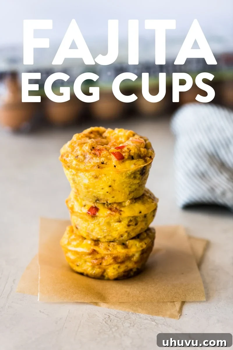Effortless Breakfast Egg Cups: Three Delicious Variations 6 Fajita Egg Cups packed with colorful bell peppers, mozzarella, and savory fajita seasonings.