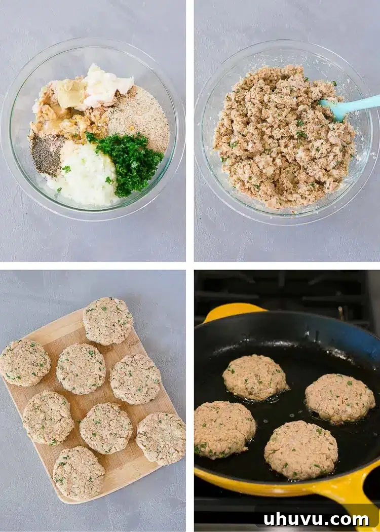 A step-by-step visual guide showing the process of making salmon patties, from mixing ingredients to pan-frying.