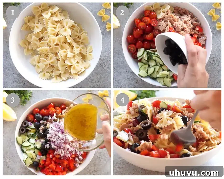Step-by-step process of making tuna pasta salad, showing ingredients being mixed