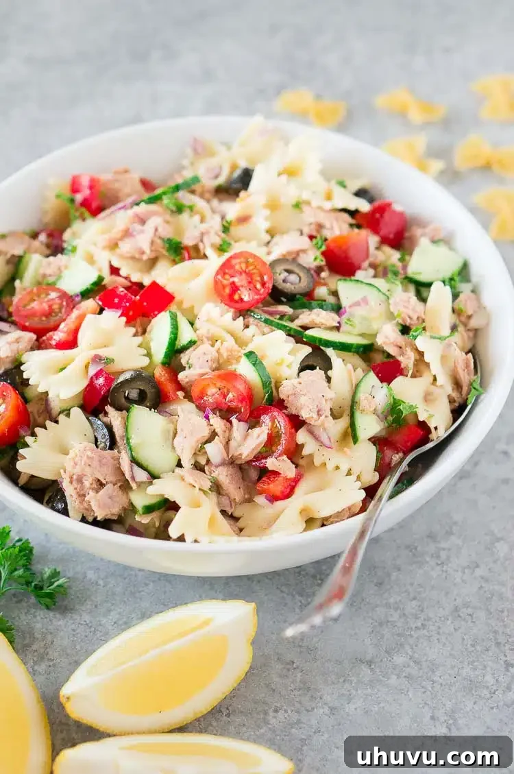 Delicious and fresh pasta tuna salad served in a bowl