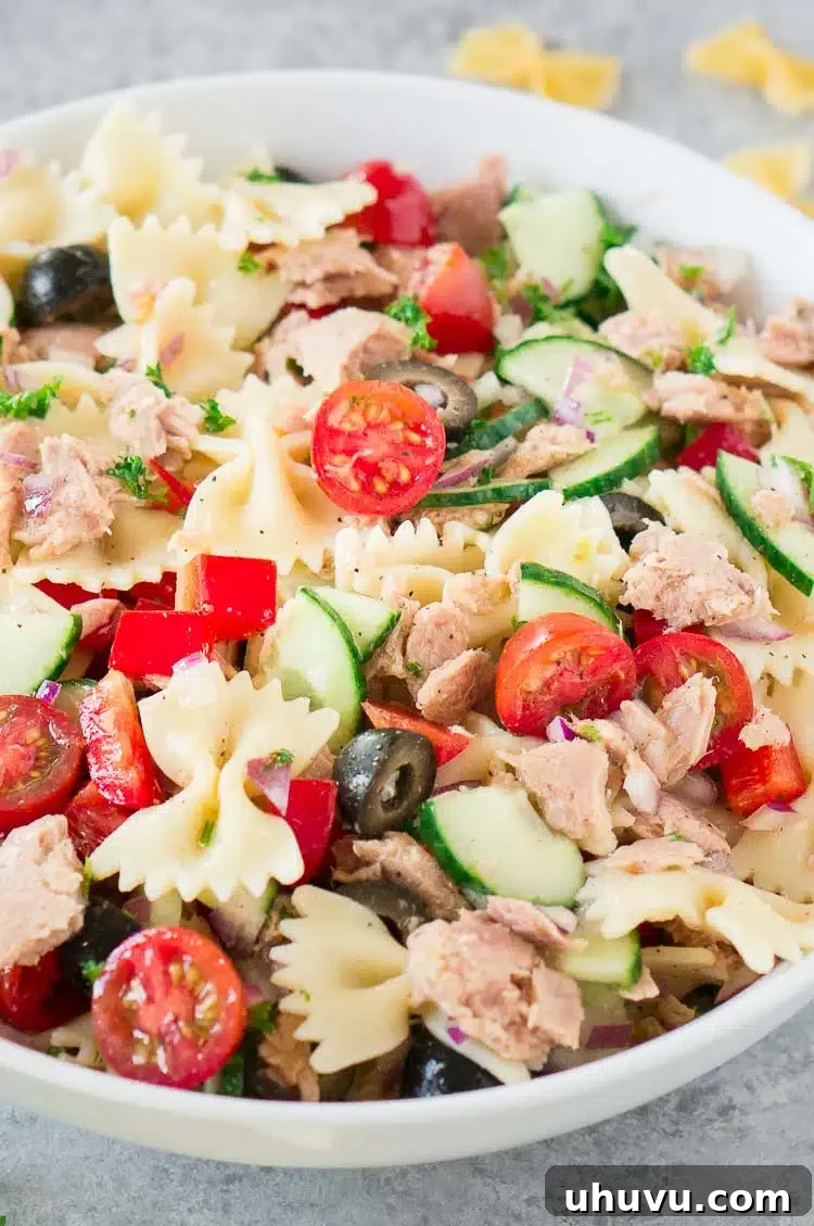 A bowl of fresh tuna and pasta salad ready to be served