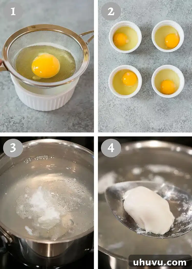 step-by-step process for poaching eggs, showing straining, vortex, and finished egg