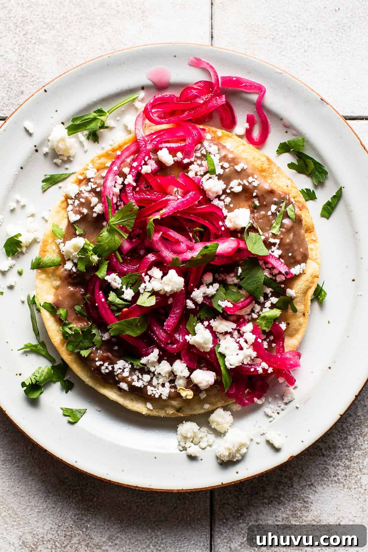 Tangy Mexican Ruby Rings 6 A beautifully prepared tostada, generously topped with bright Mexican pickled onions, crumbled cotija cheese, fresh cilantro, and creamy refried beans.