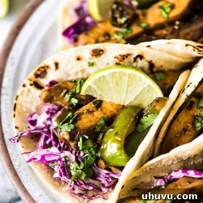 Effortless Mushroom Tacos 8 Mushroom tacos filled with marinated portabella mushrooms, bell peppers and red cabbage slaw